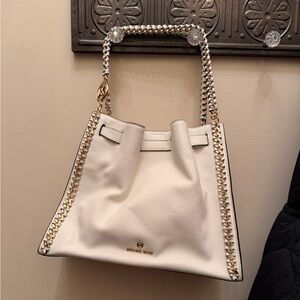 Michael Kors Mina White Shoulder Bag with Gold Accents
